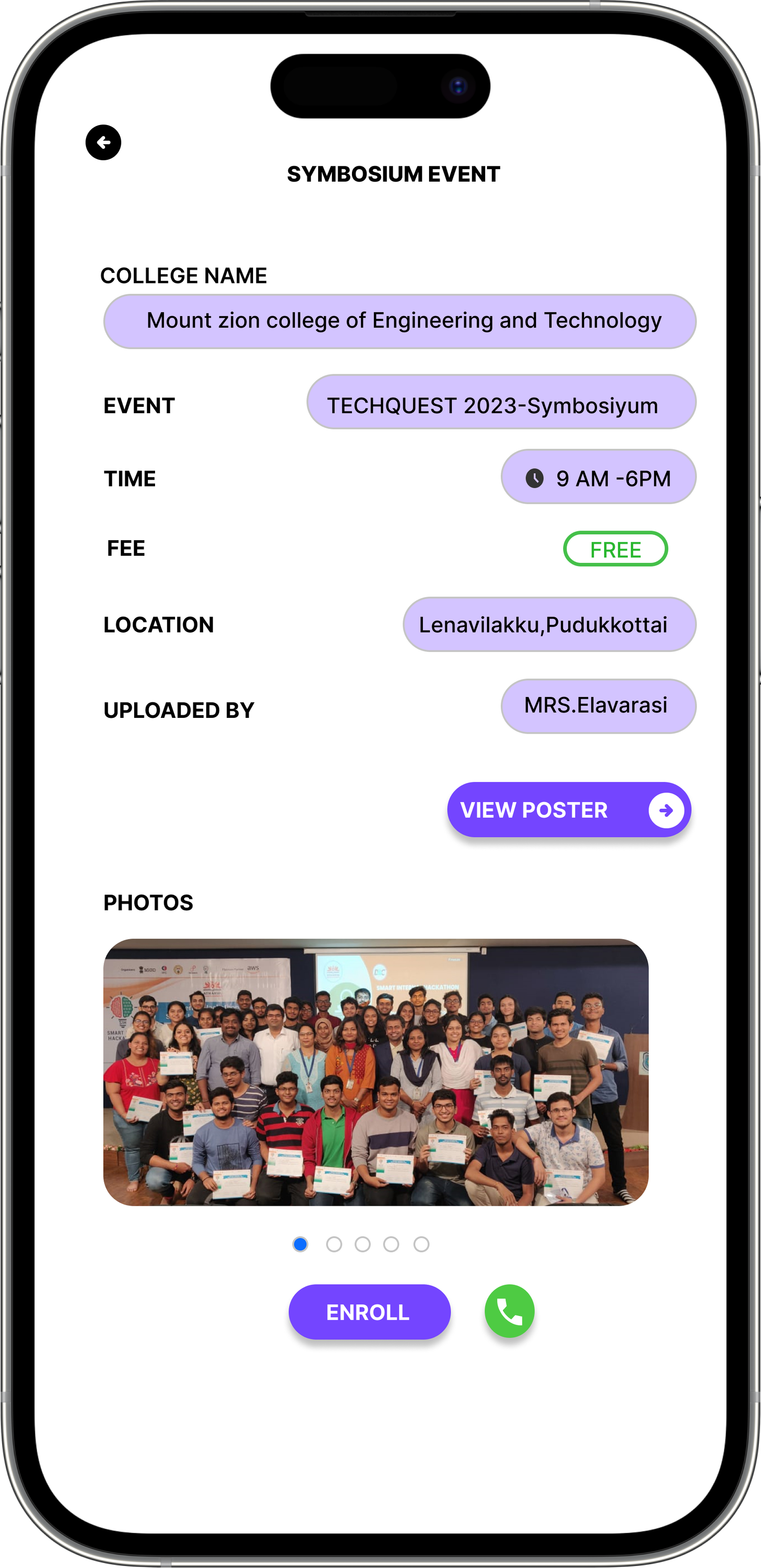 Event details screen