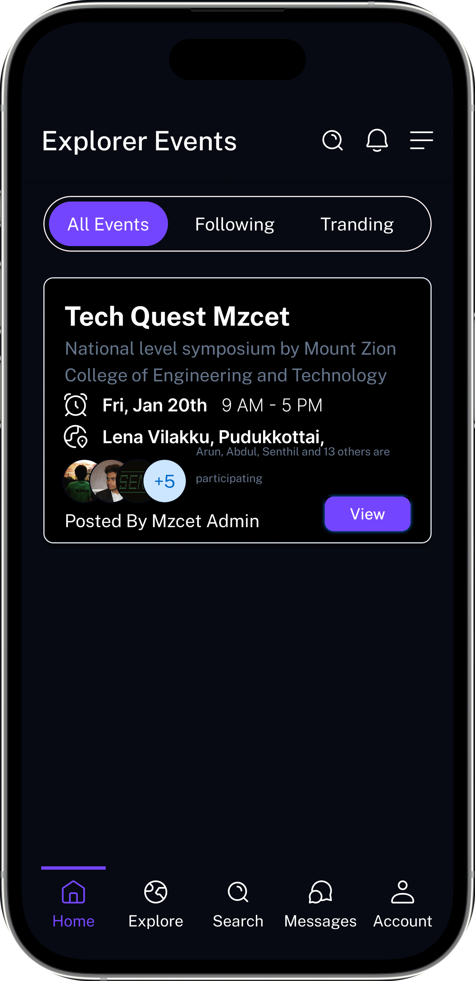 Campus Events home feed in dark mode